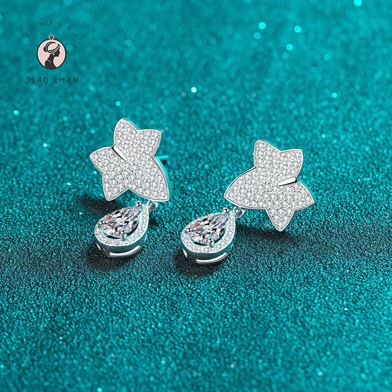 JIAOZHAN S925 Sterling Silver Earrings Maple Leaf Drops Shaped Moissanite Earrings Pt950 Gold-Plated Girls Light Luxury Earrings