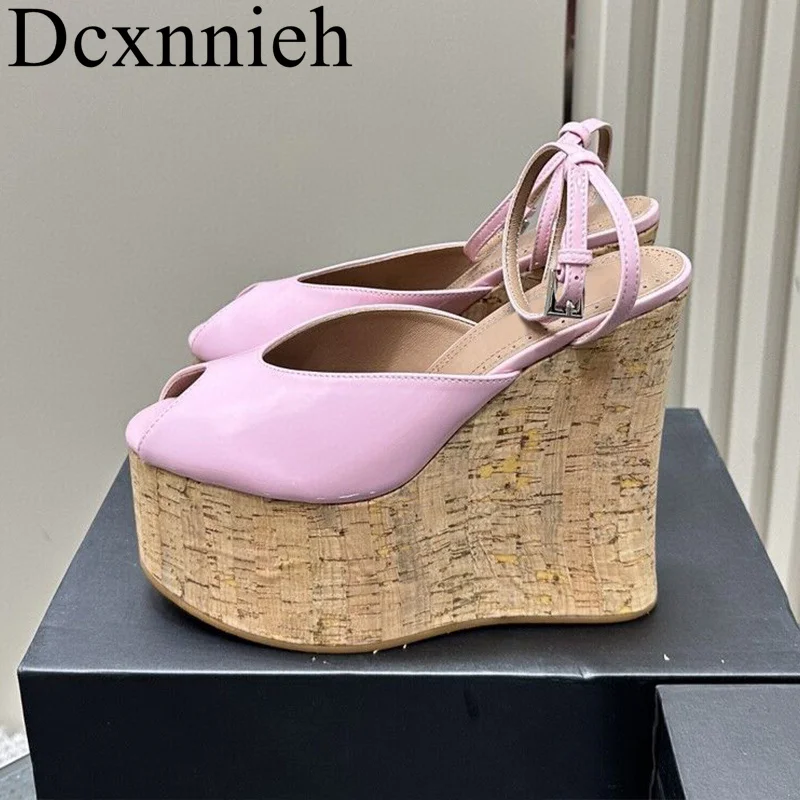 

New Open Toe Genuine Leather Slope Heel Sandals Women Thick Sole Ankle Strap High Heels Summer Outdoor Party Dress Shoes women's