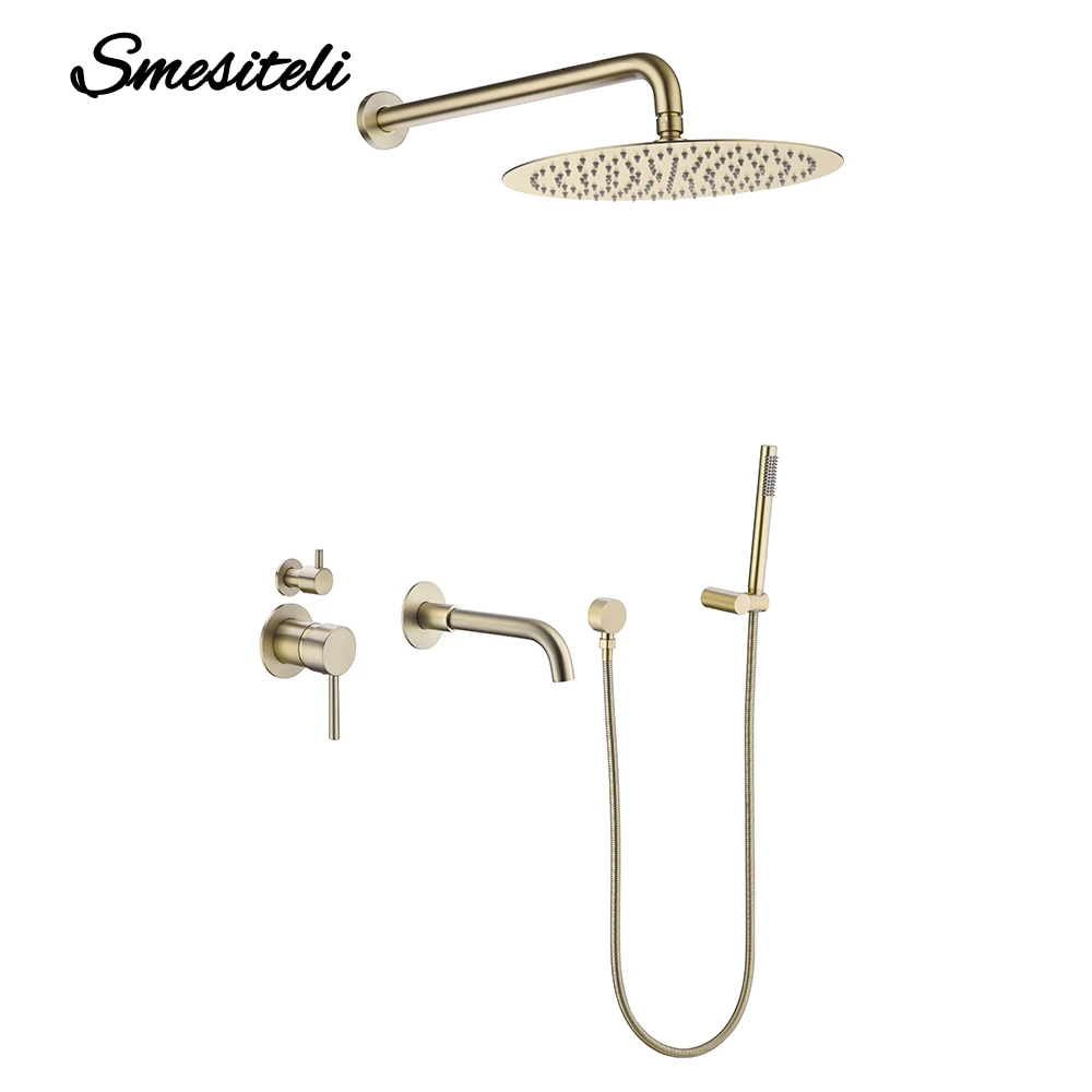 Brushed Gold Bathroom Faucet Shower System Set 3-Function Shower Diverter Valve Round 8/10/12/16 Inch RainShower Tap with bathtu 2