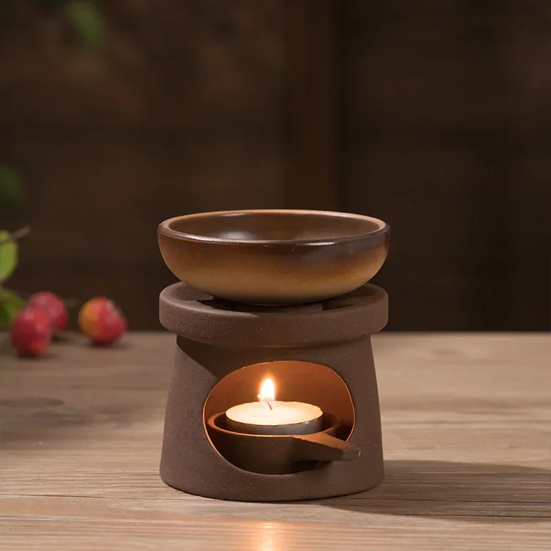 Japanese Style Ceramic Tea Warmer Set - Candle Heated Sand Pot Aroma Diffuser & Gongfu Tea Accessories with Essential Oil Burner