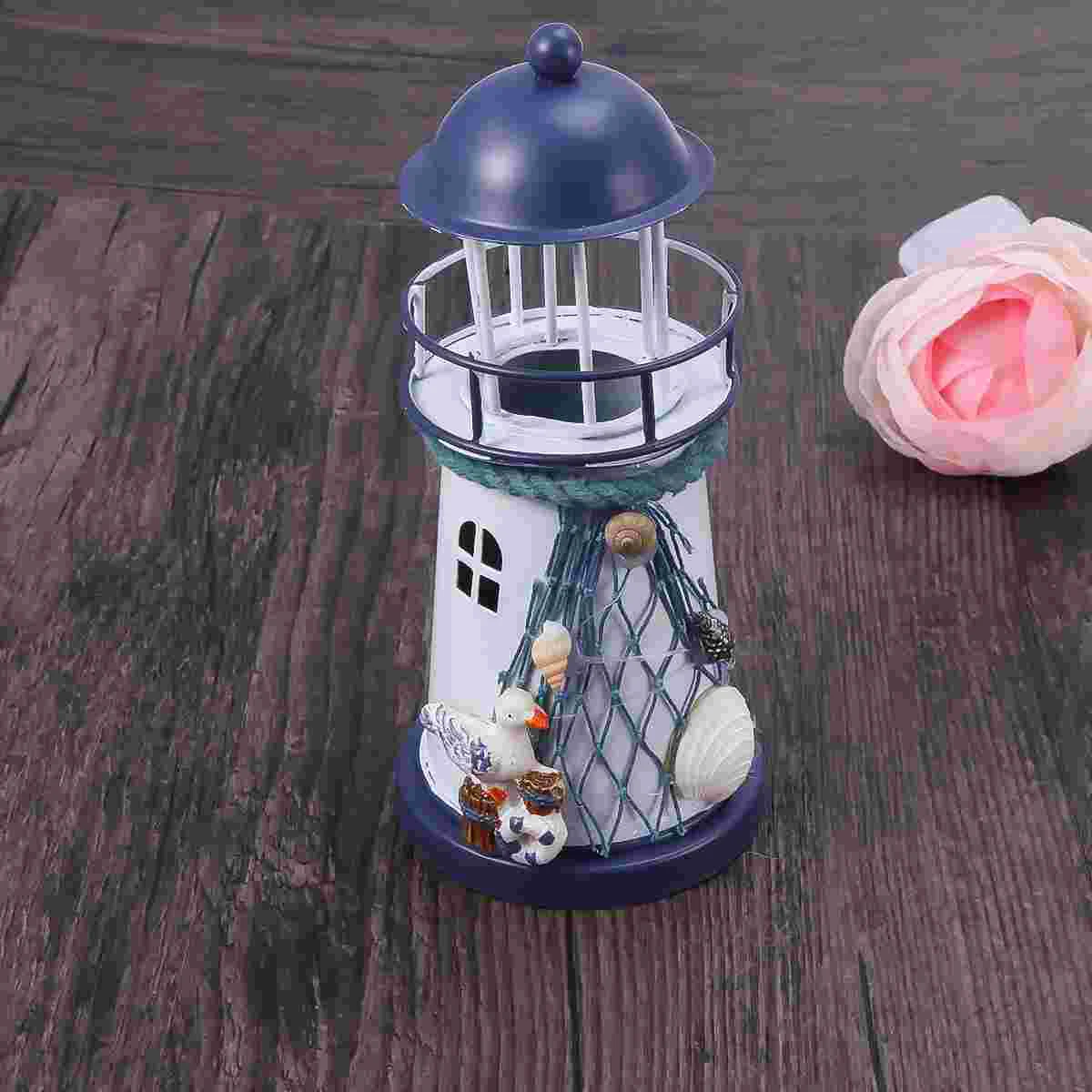 

Natical Marine Model Lighthouse Decor Hand Painted Nautical Fish Net Shell Buoy Mediterranean Style Tealight Holder