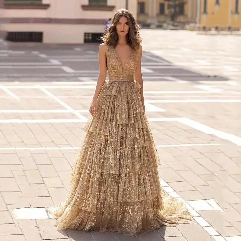 SWEMILE A-Line Tiered Tulle Evening Dress Deep-V Neck Floor-Length Sleeveless Prom Dresses Elegant Party Dresses For Women