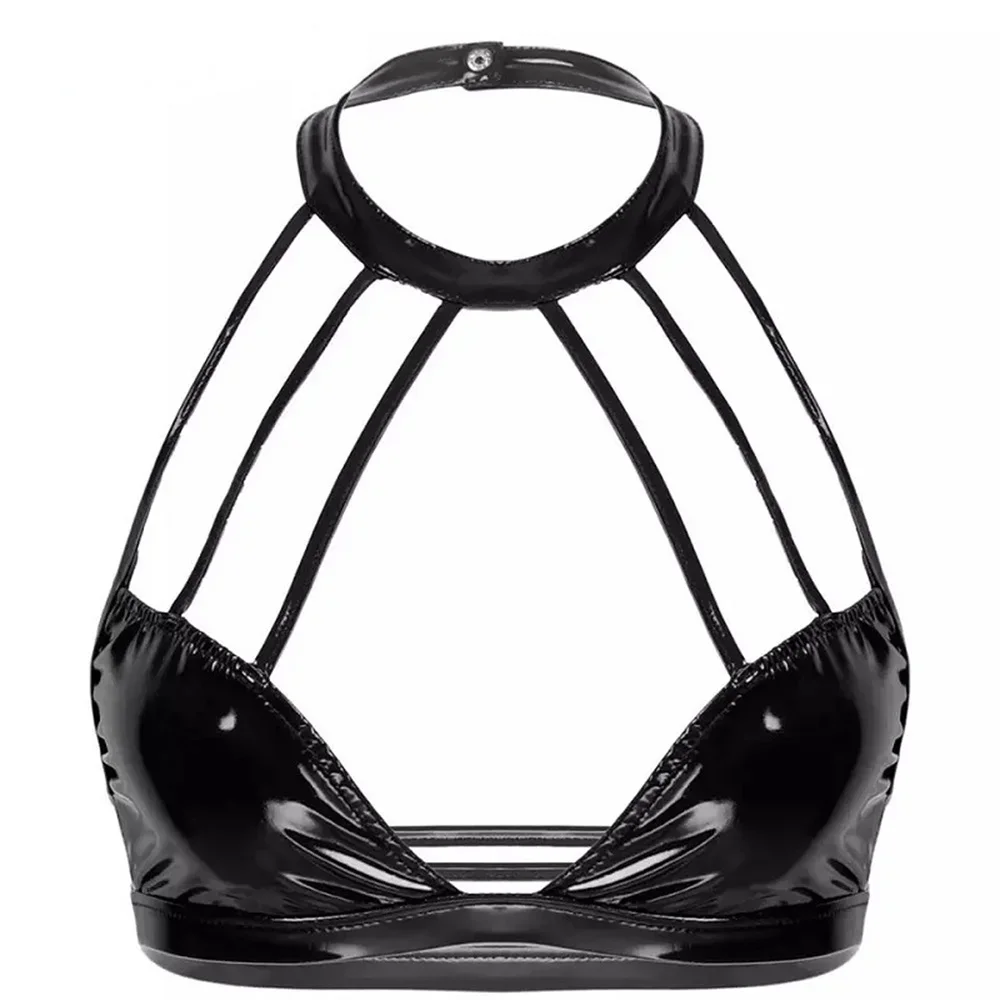 Women Wet Look Patent Leather Bras Sexy Wire-Free No Pad Bra Tops Erotic Halter Backless Bralette Cutout Bustier Corset Clubwear