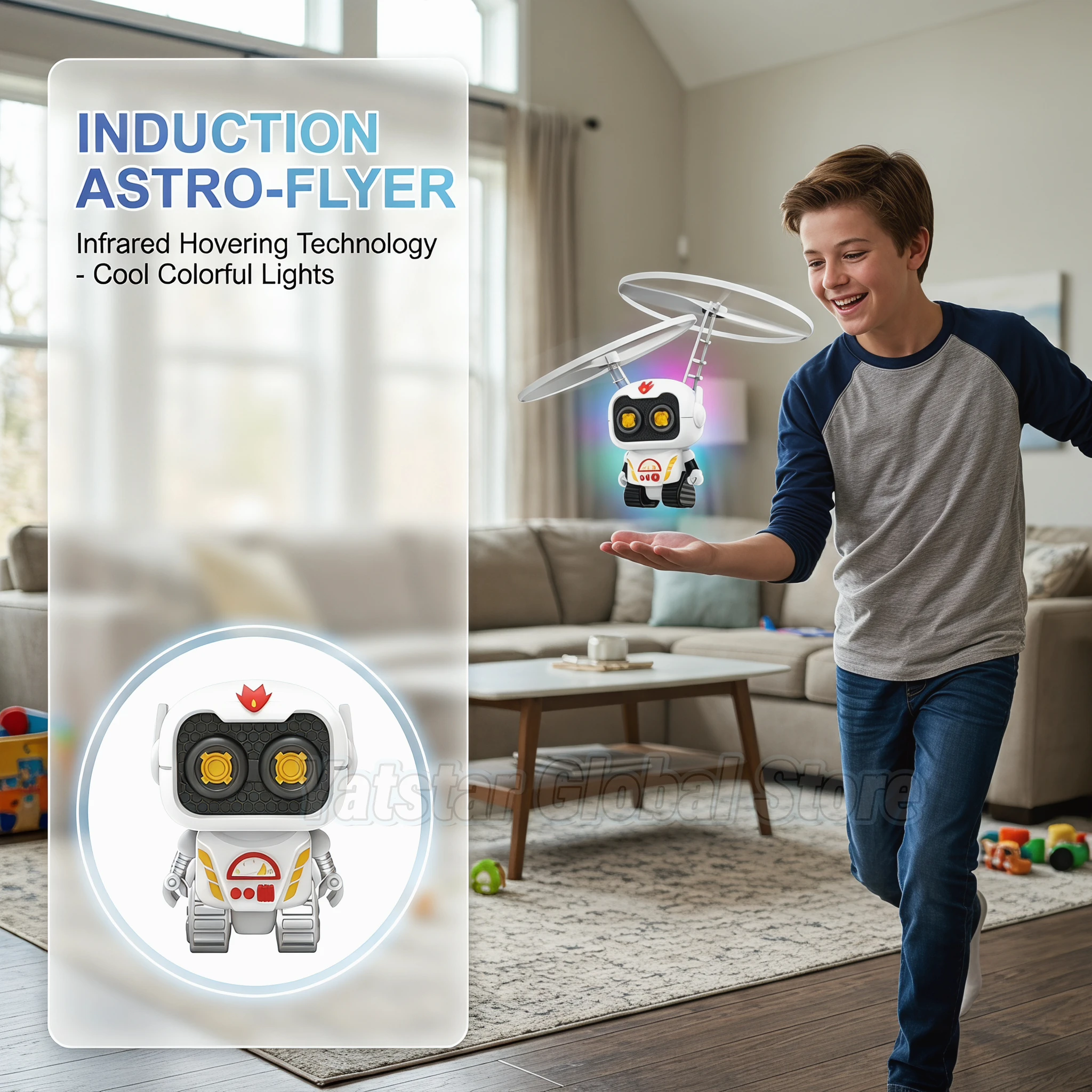Drone OVNI robot volant lumineux en vol stationnaire dans une chambre d'enfant.
