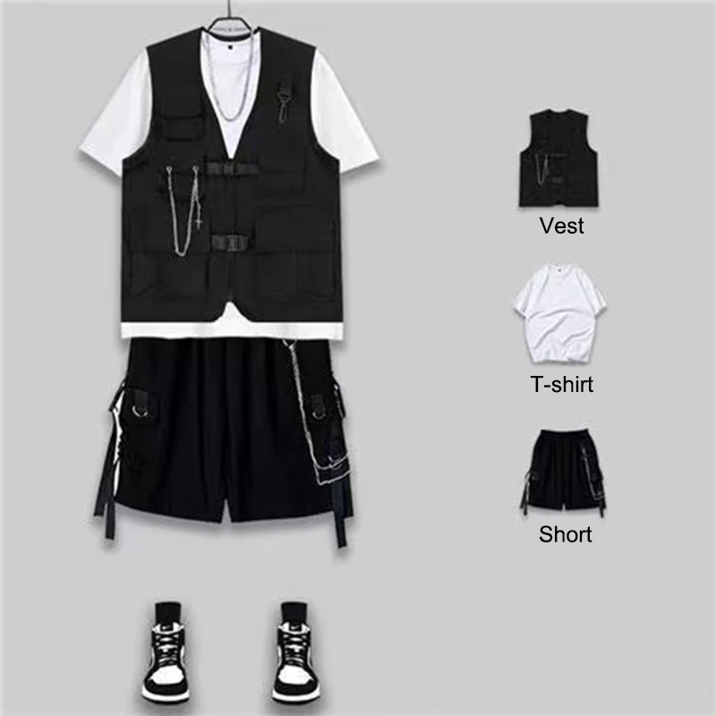 

ARENS Techwear Goth Gothic Suit Clothing Men's Vest Short Sleeve Male Vest Punk Rave Men's Shorts Set Streetwear Hip Hop 3-Piece