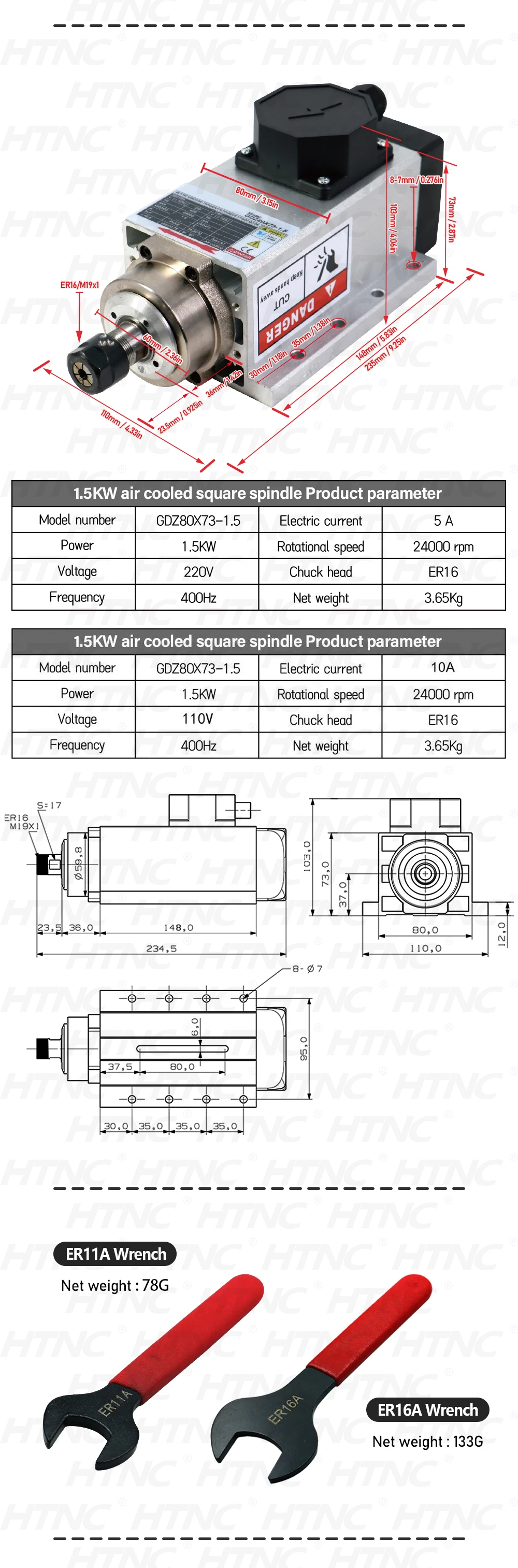 1.5KW Spindle Motor KIT For Wood Aluminium Soft Metal High Speed 400hz 24000rpm