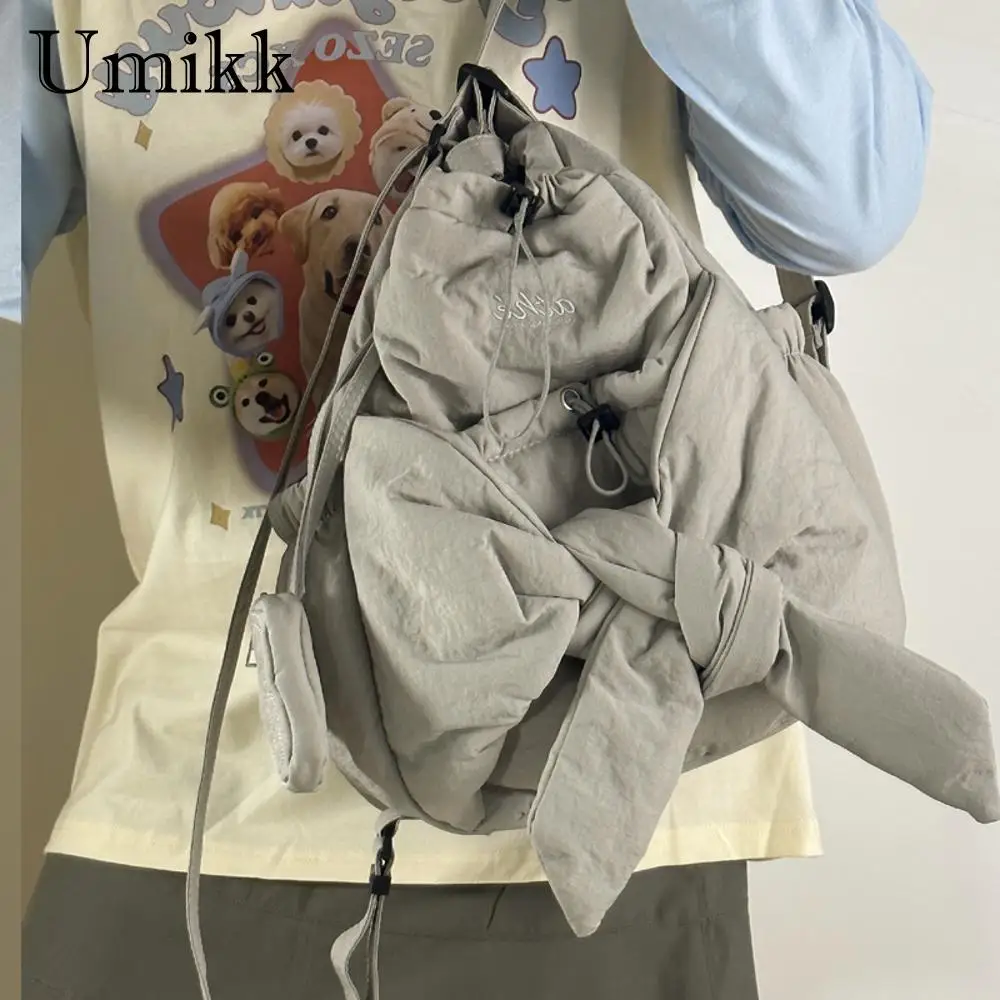 Women Mommy Maternity Backpack Large Capacity Bow Drawstring Backpack Solid Color Daily Tote Handbag Ladies Travel Backpack 3