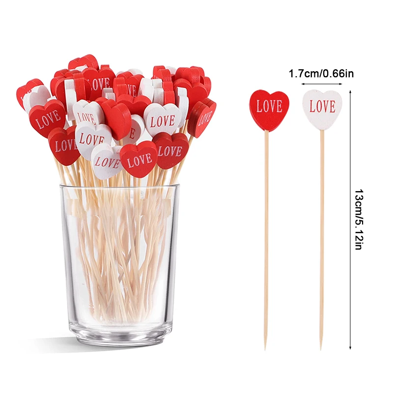 100pcs Love Heart Bamboo Food Picks Cupcake Topper Dessert Buffet Fruit Picks Wedding Birthday Supplies Valentines Day Decor