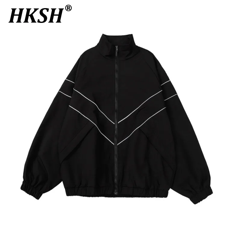 

Прямая Простая мужская куртка HKSH с воротником-стойкой модная новинка уличная одежда свободная Светоотражающая полосатая куртка повседневная темная HK0397