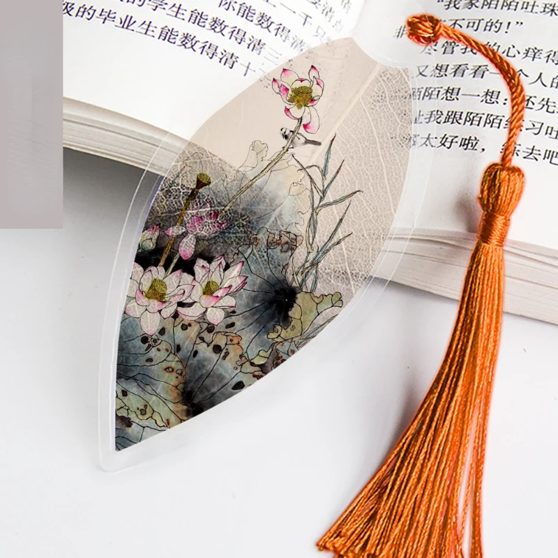Chinese Leaf Design Bookmark com borlas para amigos, estudantes presente, estilo clássico marcadores para livros, material escolar