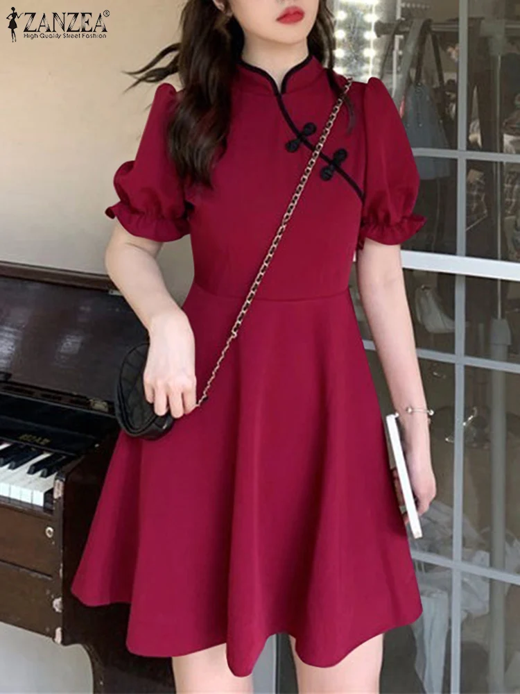 

ZANZEA Puff Short Sleeve Button Knot Short Vestidos Retro Sweet Mini Dress Women 2023 Summer Robes Korean Casual Vintage Dresses