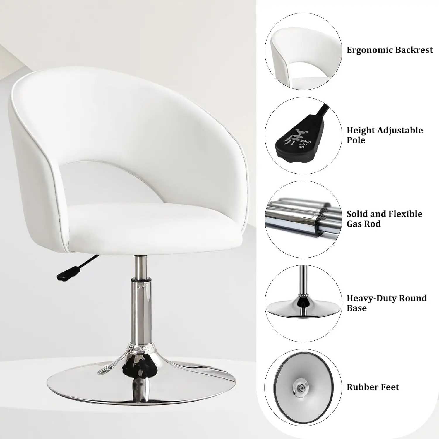 Vanity Chair with Arm, PU Leather Chair for Vanity, Swivel Accent Chair, Adjustable Height Makeup Chair 4