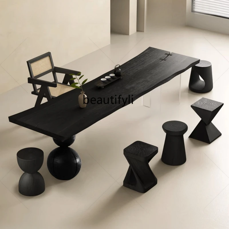 

Silk Wind Carbonized Ash Wood Tea Table Tea Table Household Carbonized Black Whole Board Irregular Solid Wood Table-Chair Set
