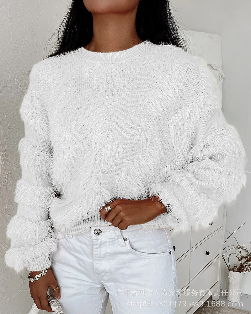 

2023 Autumn Winter Women's Mohair Blend Sweater Casual Knit Pullover Tops Women O-Neck Sweet Furry Loose Cute Soft Knitting Top