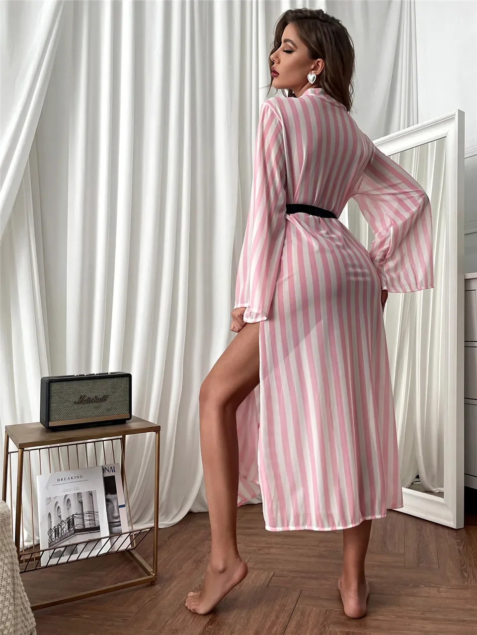 Women's Kimono Long Gown Striped Bathrobe Sexy Mesh Sleepwear Vintage Summer Thin Beachwear