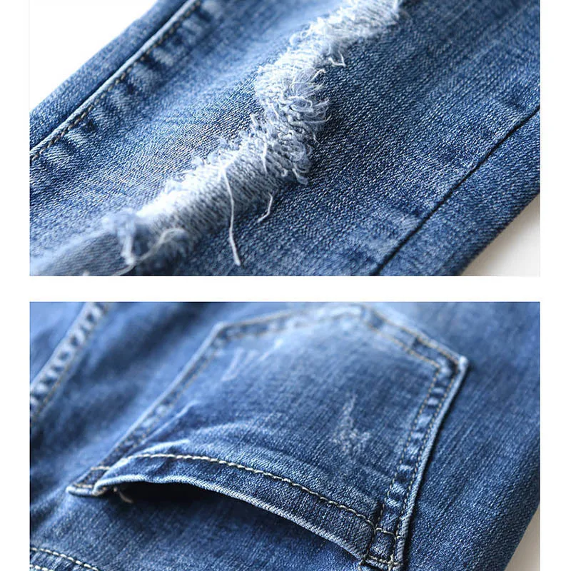 Streetwear Skinny Ripped Hole Jeans For High Waist Vintage Blue Pencil Denim Pants Korean Capris Slim Cowboy Trousers Women's