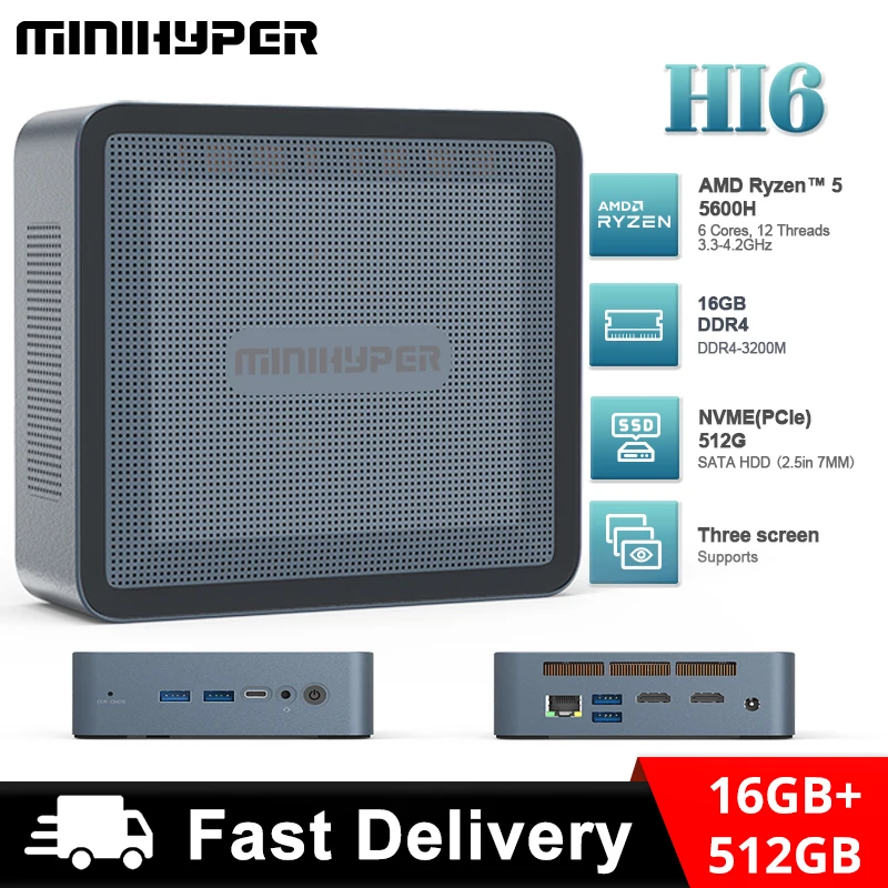  MiniHyper HI6 Mini PC AMD Ryzen 5 5600H CPU 16GB DR4-3200M 512GB Storage SSD NVME WiFi 6E  Bluetooth 5.2 DC Jack HDMI Type-C 