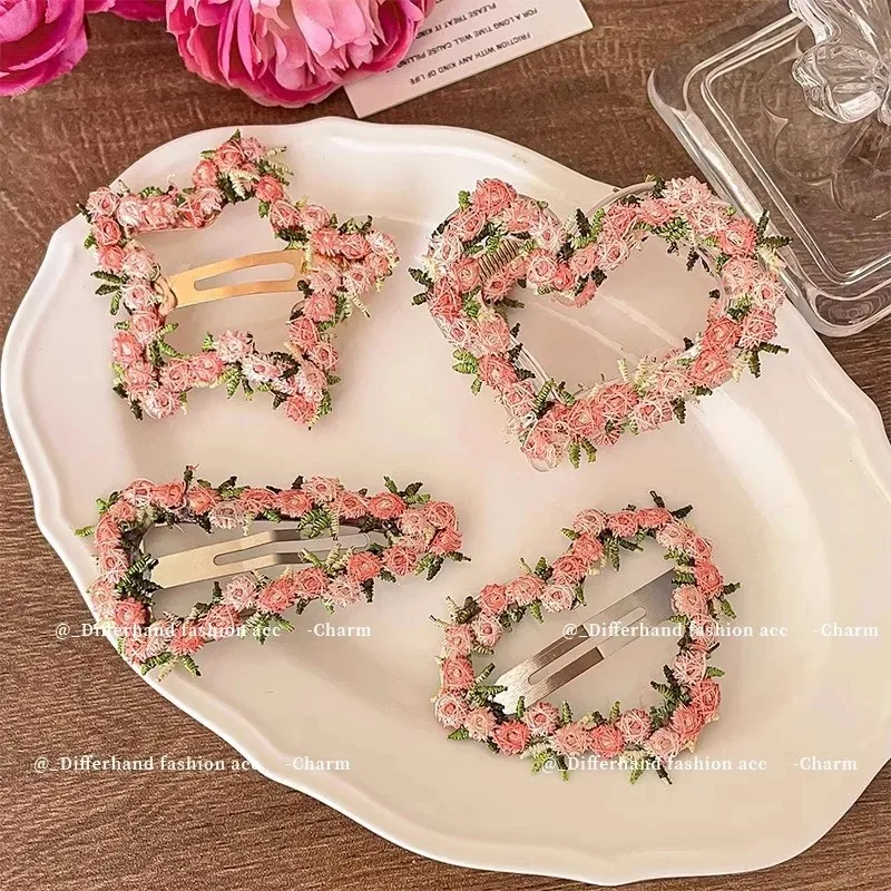 Cute Kawaii Girls Lace Flower Heart Star Hair Clip Pink Side Barrettes for Kids Bang Hairpin Baby Children Headwear Accessories