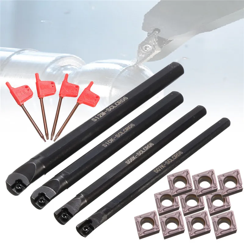 CNC Cutting Tool Holder Carbide Boring Tool 4 Set of 7/8/10/12mm SCLCR Lathe Boring Bar Turning Tool Holder +10Pcs CCMT 0602 Inserts Blades Machine Turning Tool Holder Set