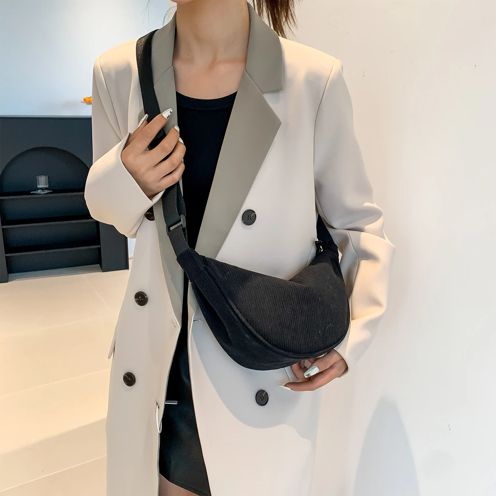 Corduroy Ladies Sling Bag Adjustable Strap Casual Commuting Bag