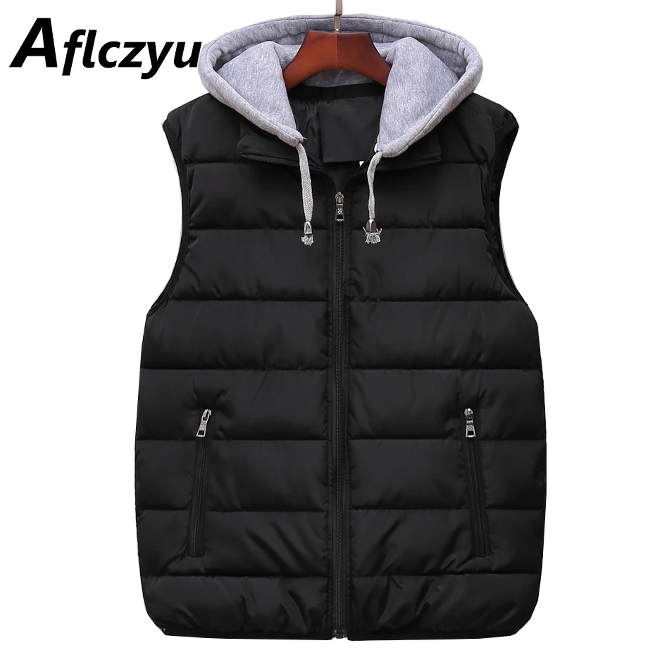 Hooded Vests Men Autumn Winter Thick Vests Fashion Casual Sleeveless Jacket Male Solid Color Vest Black Orange