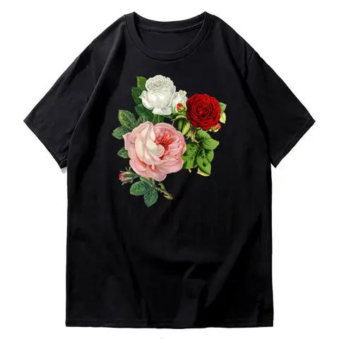 Roses Flower Floral Top Clothes Summer Hip-Hop O-Neck Short-Sleeved T-shirt Cotton Graphic Unisex Print Casual Tee Men