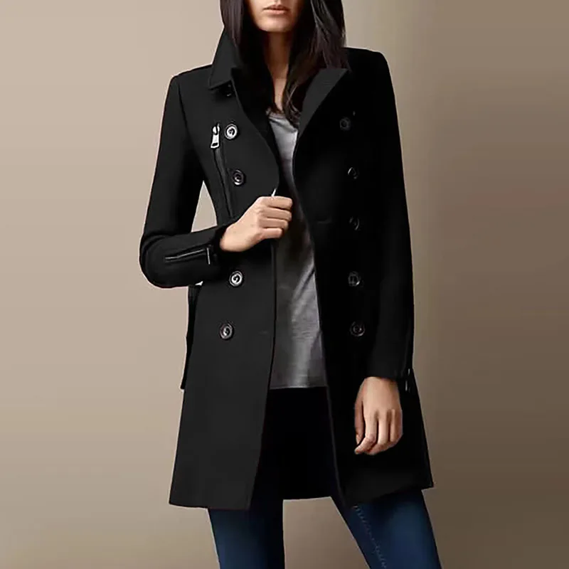 

Vintage Double-breasted Zip Blazer Jackets Women Fall Solid Slim Straight Woolen Coat Winter Long Sleeve Pocket Outwear Cardigan