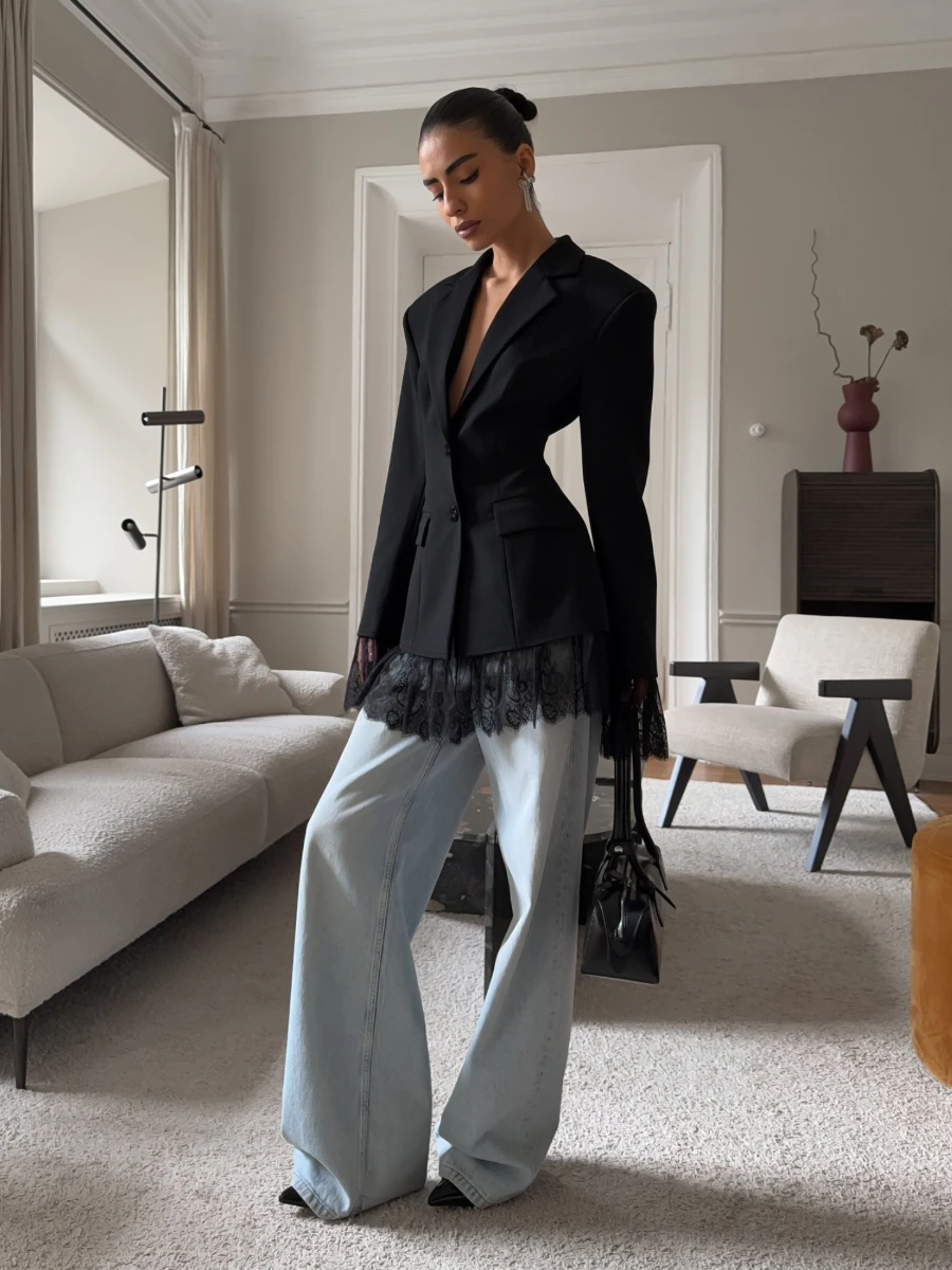 Bornladies 2026 Women's Autumn Winter New Black Blazer Design Sense Lace Paneled European & American Office Wear Long Sleeve Top