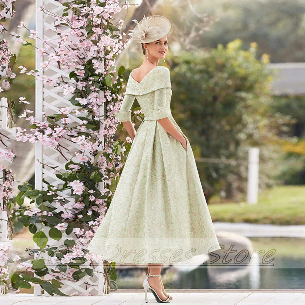 New Pretty Light Green Aline Mother of the Bridal Dress Tea Length Boat Neck Guest Wedding with Bow for Elegant mother bride dresses