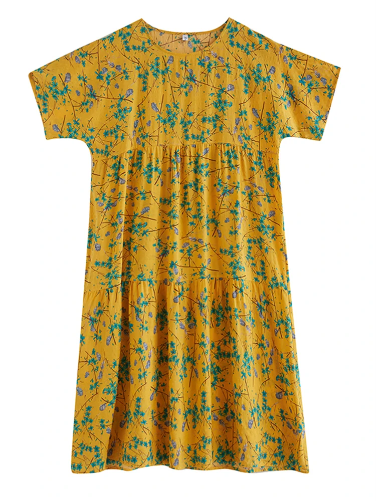 Summer Cotton Vintage Casual Loose Yellow Print Floral Dresses For Women Short Sleeve Dress Femme Robe Vestidos Elegant Clothing
