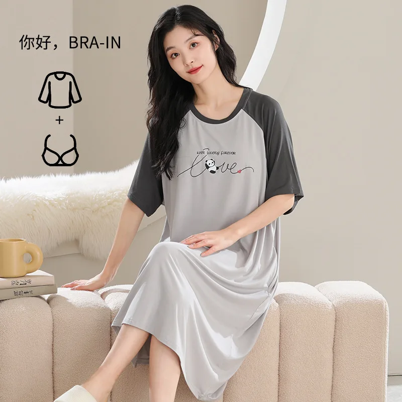 Nightgowns Women's Clothing Summer Short Sleeve New Cool Feeling Chest Pads Thin Home Loose Casual Soft Cool Skinny Comfortable