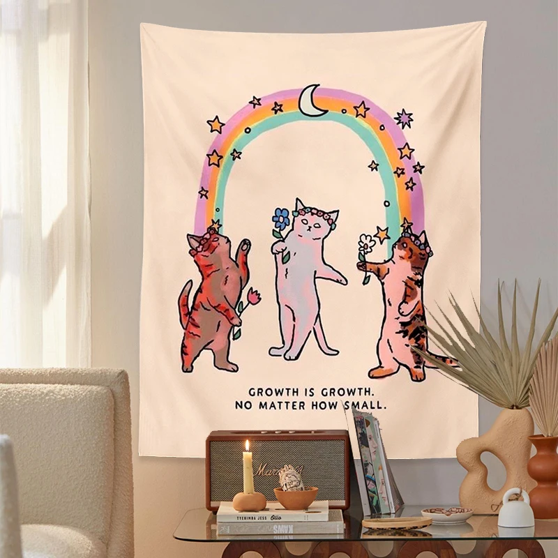 Tapestry Decorations Cute Cat Tapestry sunshine rainbow Wall Hanging Cartoon Cat Bohemian Decoration Home for Living Room Kids Room Bedroom Wall Art