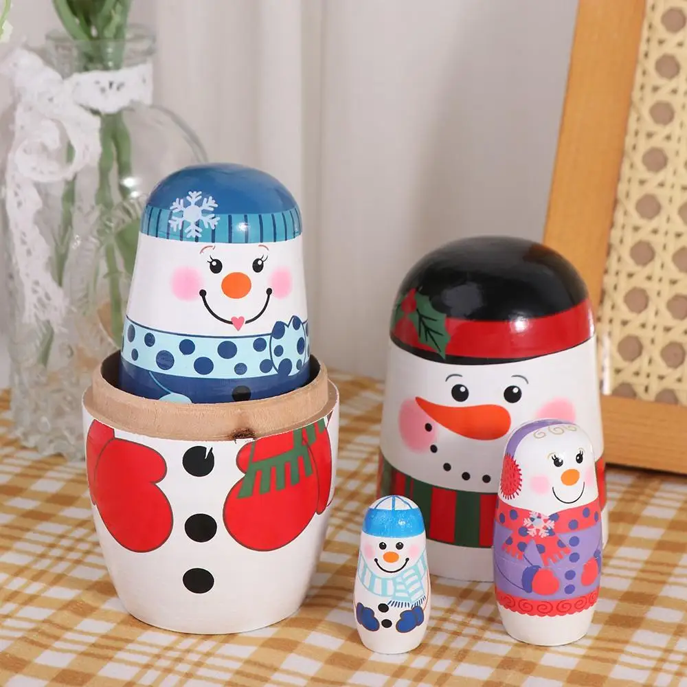 Cute 5Pcs/Set Xmas Matryoshka Doll Wood craft Snowman Russian Doll Smooth Safe Christmas Nesting Dolls Xmas