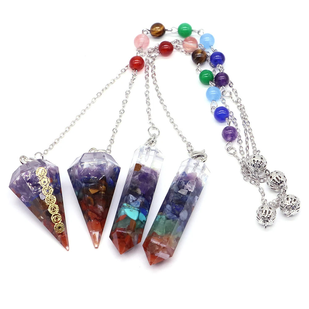 다우징 점술 에너지 크리스탈 펜던트 레이키 힐링 칩 스톤, 7 차크라 진자, 영적 명상 목걸이 쥬얼리