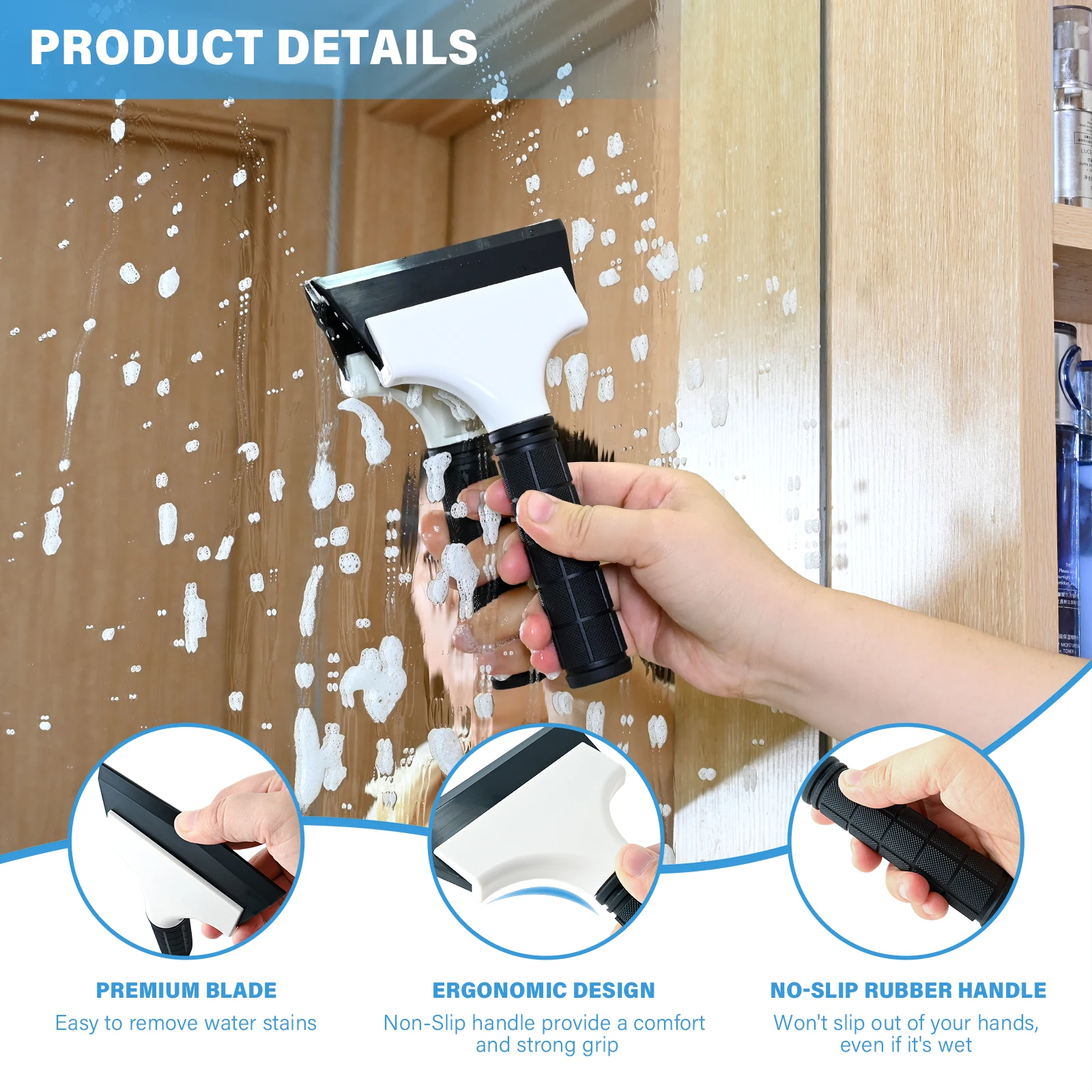 FOSHIO 5/8Inch Soft Blade Rubber Handle Window Squeegee Car Wash Household Glass Water Removal Wiper Ice Scraper For Door Mirror