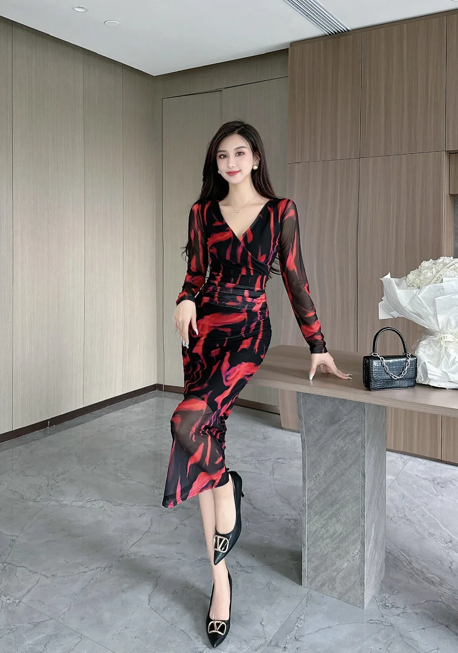 فستان خريفي نسائي شبكي أنيق