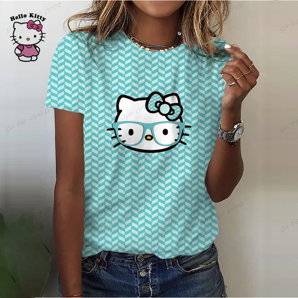 

Women's casual short-sleeved T-shirt top fashion round neck loose HELLO KITTY T-shirt printed women's T-shirt Y2K Girls' T-shir