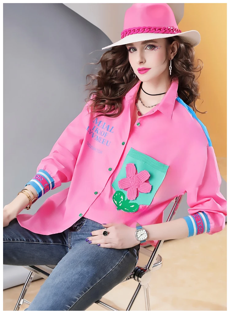 ربيع جديد جودة عالية 100% القطن المرأة طويلة الأكمام قميص فضفاض خياطة بلوزة غير رسمية للنساء