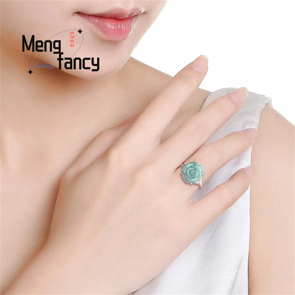 S925 Silver With Natural A-goods Jadeite Icy Blue Water Rose Eternity Ring Elegant Exquisite Fashion Luxury Jewelry Holiday Gift