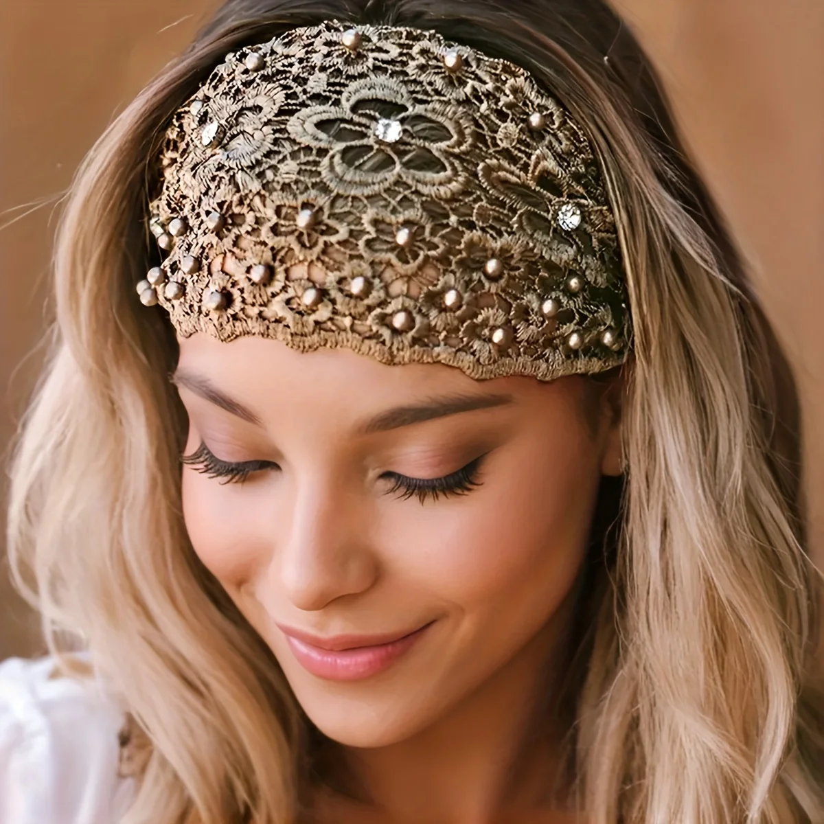 1pc Elegant Beaded Lace Headbands for Women - Wide Floral Hair Bands  Knit Fabric Daily Wear & Special Occasions 2