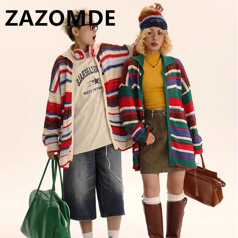 ZAZOMDE Knitwear Hollow Out Cardigan Sweater Trend Casual Tops Autumn Outerwear Korean Style Loose Couple Striped Sweater Coat