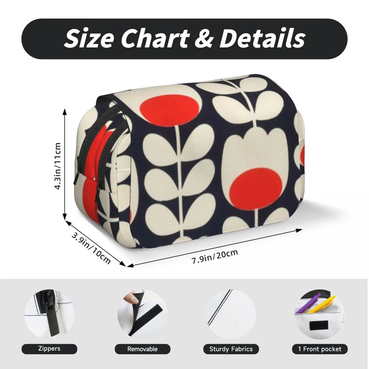 Orla Kiely, 멀티 스템 플라워, 레드, 화이트 필통 펜 홀더 하드 쉘 가죽 대형 수납 펜 박스 연필