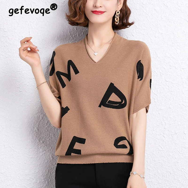 

Spring Summer Letter Patchwork Casual Fashion Oversized Pullover Tee Women Short Sleeve All-match Sweater T-shirt Female Jumper