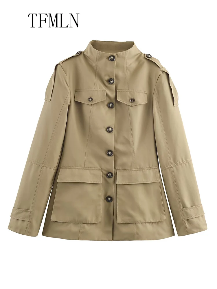 Retro 2025 Autumn Woman Stand Collar Jackets Fashion Single Breasted Pockets Solid Causal Chic Coats High Street Slim Outwear