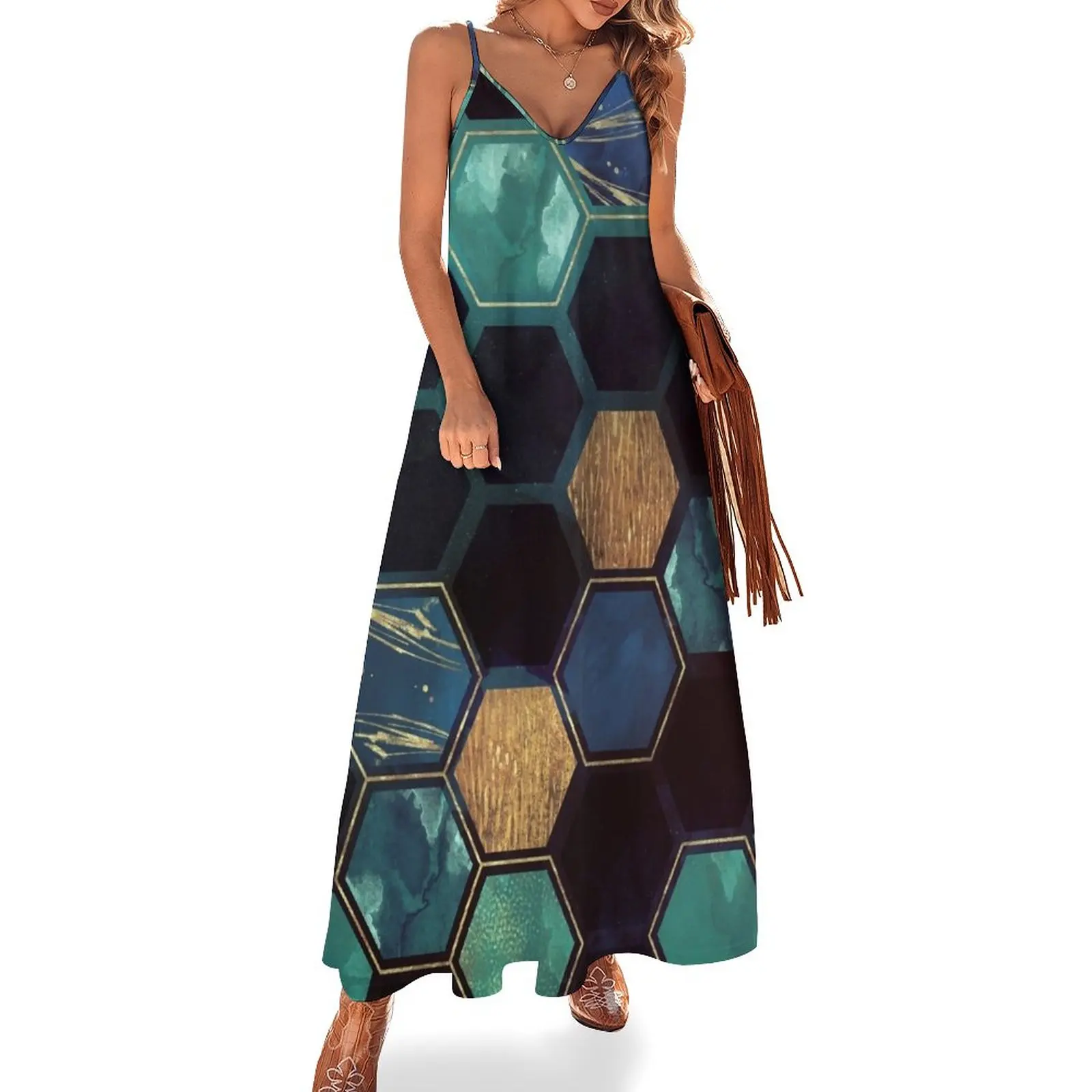 

Blue and Gold Sleeveless Dress Dress woman Women's long dress