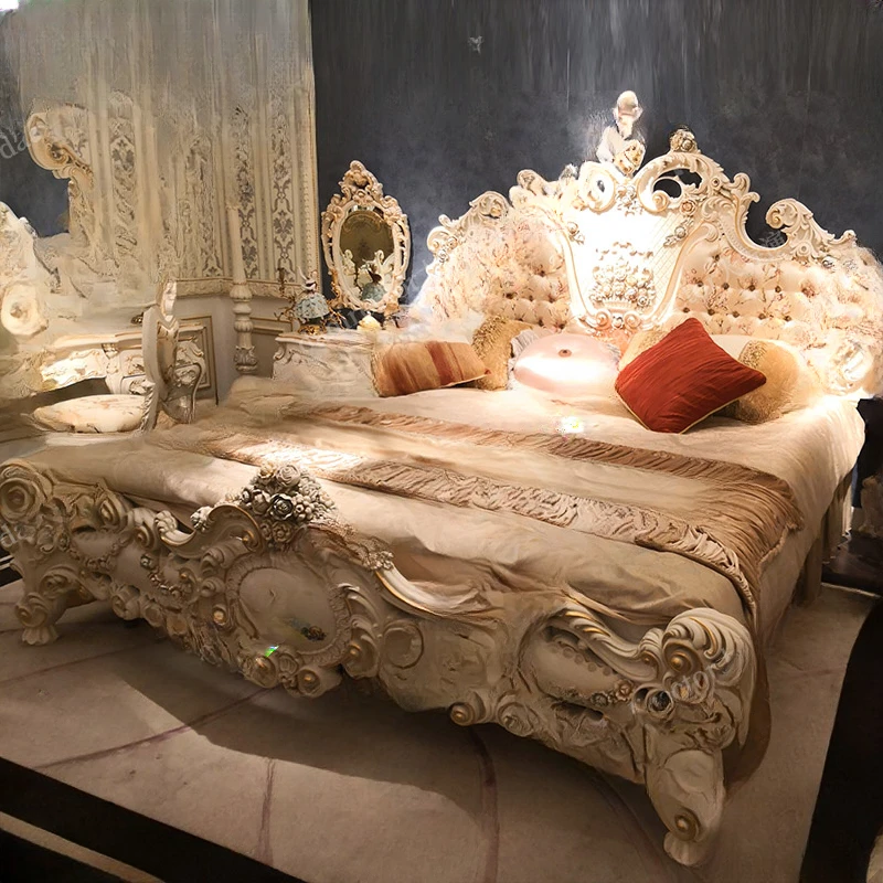 

European style solid wood carved double bed, French luxury palace bed, painted fabric bed,wedding bed, princess bed