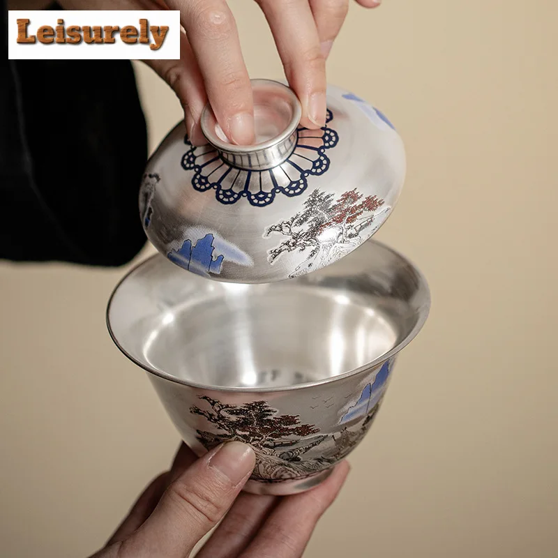 150ml Top Grade Distant Hills Gaiwan Elegant Gilt Silver Anti Scalding Tea Tureen Tea Brewing Cover Bowl Teaware Supplies Craft