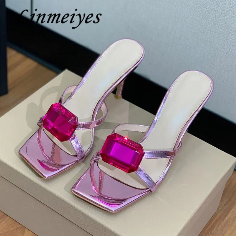 

Sexy High Heels Slippers Woman Luxury Rhinestone Party Shoes Square Peep Toe Mules Summer Stiletto Gladiator Sandals Woman