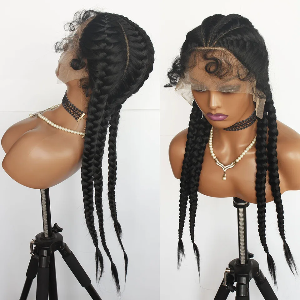 Parrucca con trecce e pizzo frontale, con capelli di bambino, trecce sintetiche a cornrow, parrucca con pizzo 360 senza colla - immagine 4