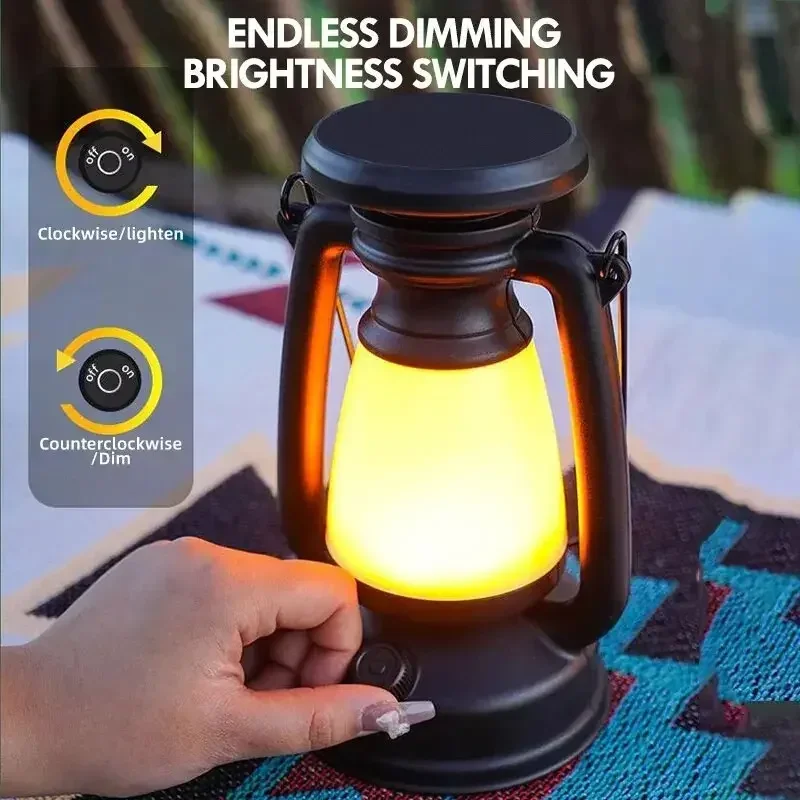 Retro Solar Camping Lights USB Rechargeable LED Portable Lantern Waterproof Outdoor Hanging Emergency Tent Atmosphere Horse Lamp